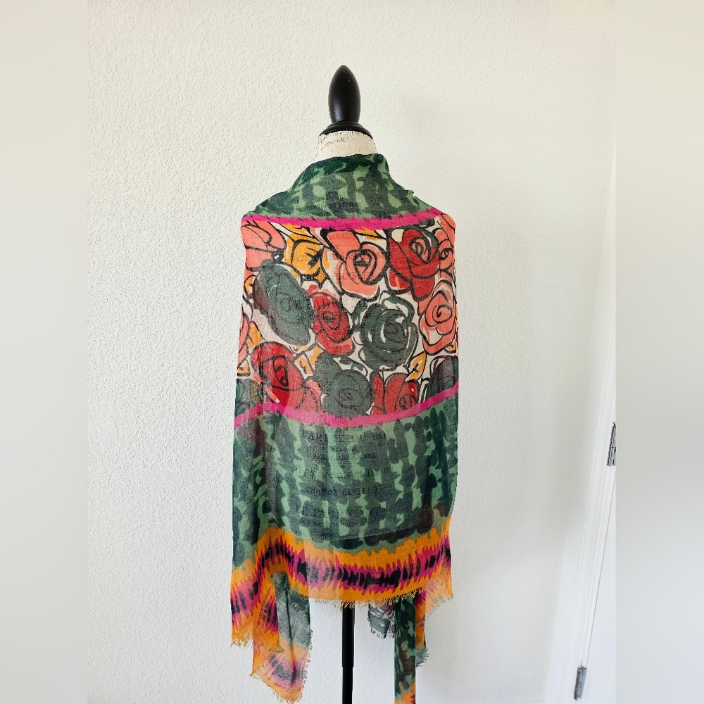 D&Y David & Young Oversized Floral Rose Scarf Wrap - Red/Green/Orange